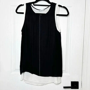 VINCE Round-Neck Double-Layer Tank Top‎ White Black 100% Silk Size XS Minimalist
